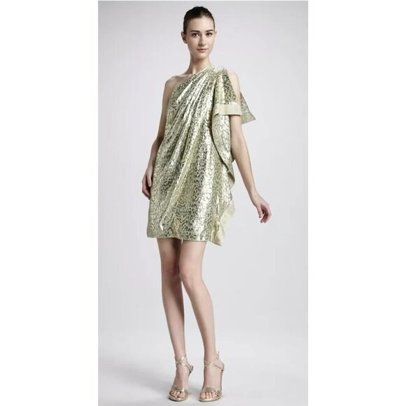 MARK + James Badgley Mischka Gold Silk One Shoulder Brocade Caftan Dress Sz. S - Picture 1 of 10